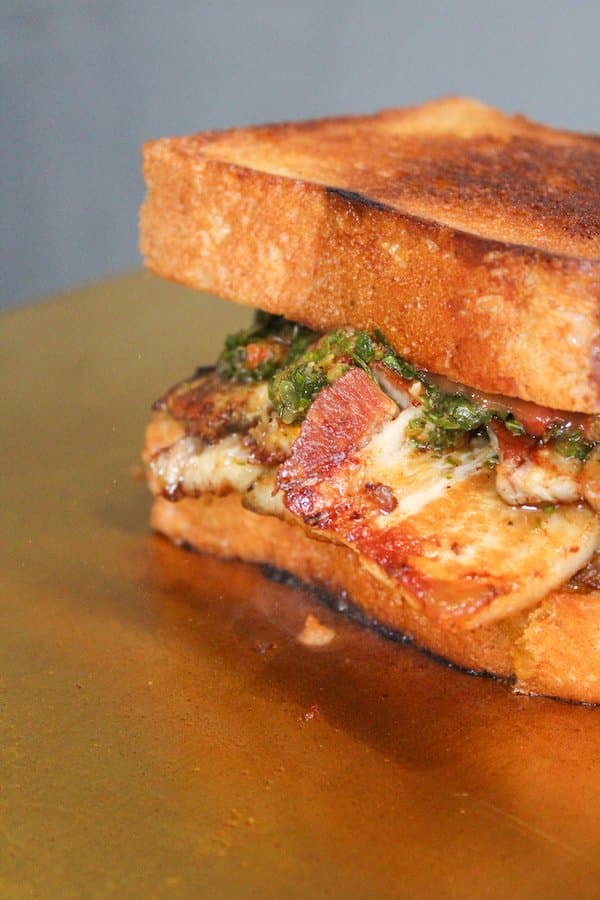 Fuwamai grilled chicken sando with pesto and melted cheese on toasted Japanese milk bread