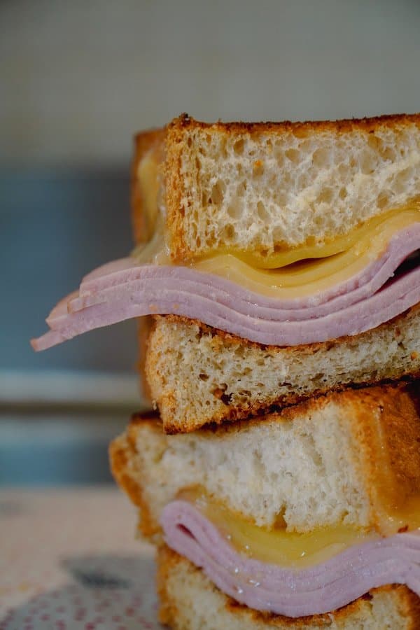Fuwamai ham and cheese Japanese milk bread sando stacked and sliced
